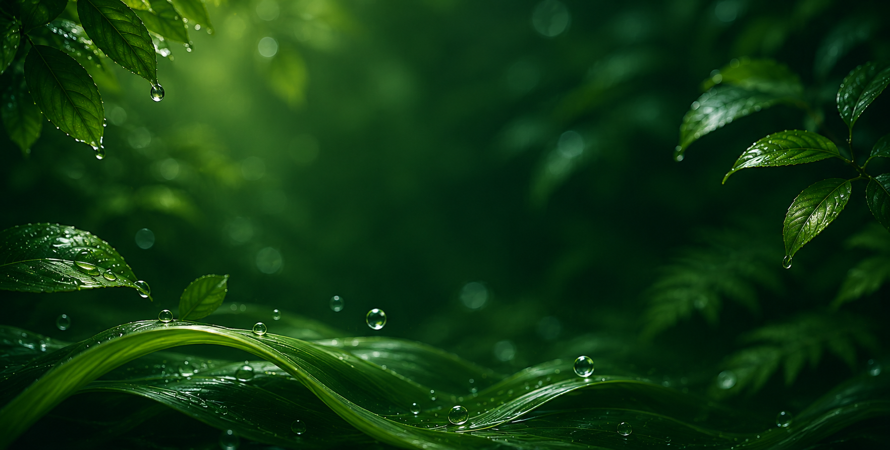 Feuillage vert luxuriant couvert de gouttes de rosée, évoquant la nature et la santé au naturel